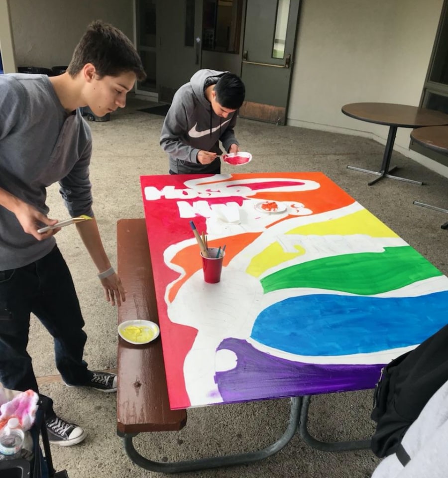 Two young students painting top of picnic table with multiple colors